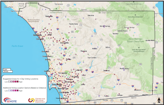 Image of a County of San Diego map of Suggested Areas for Vote Centers. The map shows color coded with dots showing suggested areas for 4 day voting locations and additional voting location options based on distance. 