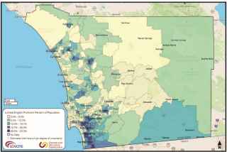 Image of a San Diego County map showing Limited English Proficiency. Data is displayed by color coding the limited English proficient percent of population.  