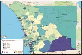 Image of a San Diego County map showing Areas with Low-Income Communities. Data is displayed by color coding percent of population in poverty. 
