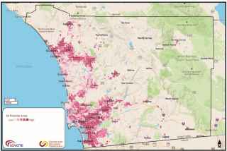 Image of a San Diego County map  containing potential areas for vote center or ballot drop box locations. Map is San Diego County and color coded with dots showing low potential areas and high potential areas to place vote center and ballot drop box locations. 