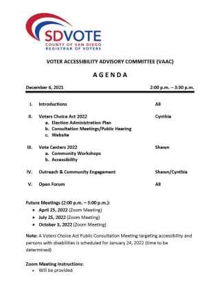 Image of a Sample Voter Accessibility Advisory Committee (VAAC) Meeting Agenda. 