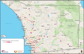 Image of a County of San Diego map  of Suggested Areas for Ballot Drop Box Locations. The map shows color coded with dots showing low potential areas and high potential areas to place ballot drop boxes. 