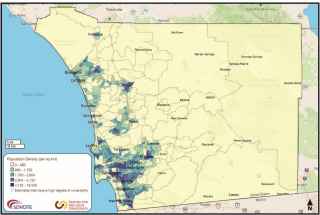 Image of a San Diego County map showing Population Density. Data is displayed by color coding the population density per sq km.  