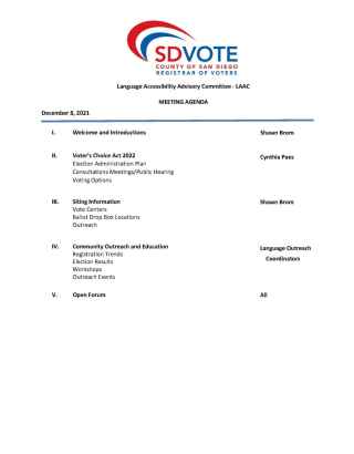 Image of a Sample Language Accessibility Advisory Committee (LAAC) Meeting Agenda. 