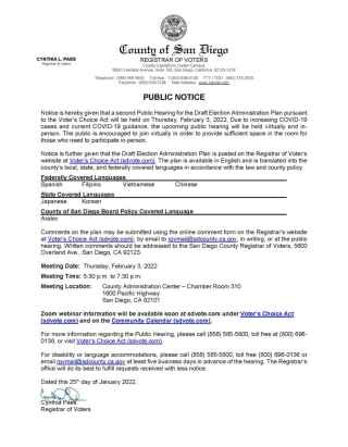Image of the Public Notice for the second Public Hearing held on Thursday, February 3, 2022 discussing the Draft Election Administration Plan pursuant to the Voter's Choice Act. 