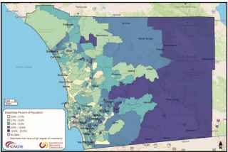 Image of a San Diego County map showing Voters with Disabilities. Data is displayed by color coding the disabilities percent of population. 