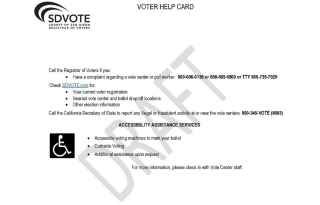 Image of a Sample Language Assistance Card Backside of Voter Help Card explaining to a voter to call if they have a complaint regarding a vote center or poll worker, to check sdvote.com for additional services, and three points about accessibility assistance services. 1. Accessible voting machines to mark your ballot 2. Curbside Voting 3. Additional assistance upon request